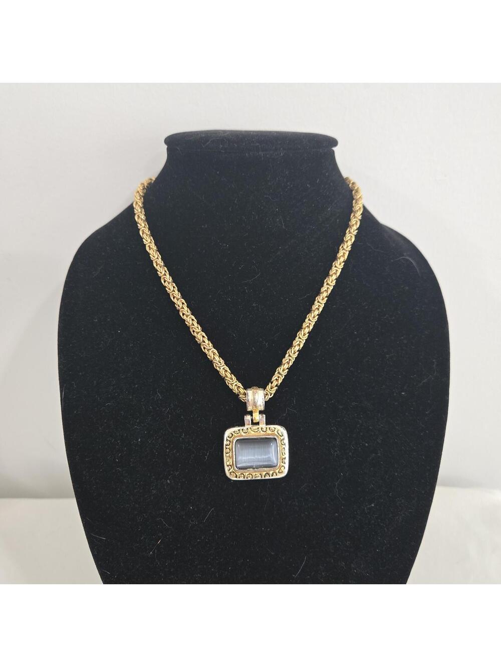 Vintage Givenchy Cat's Eye Pendant Necklace Gold Tone Byzantine Chain Signed